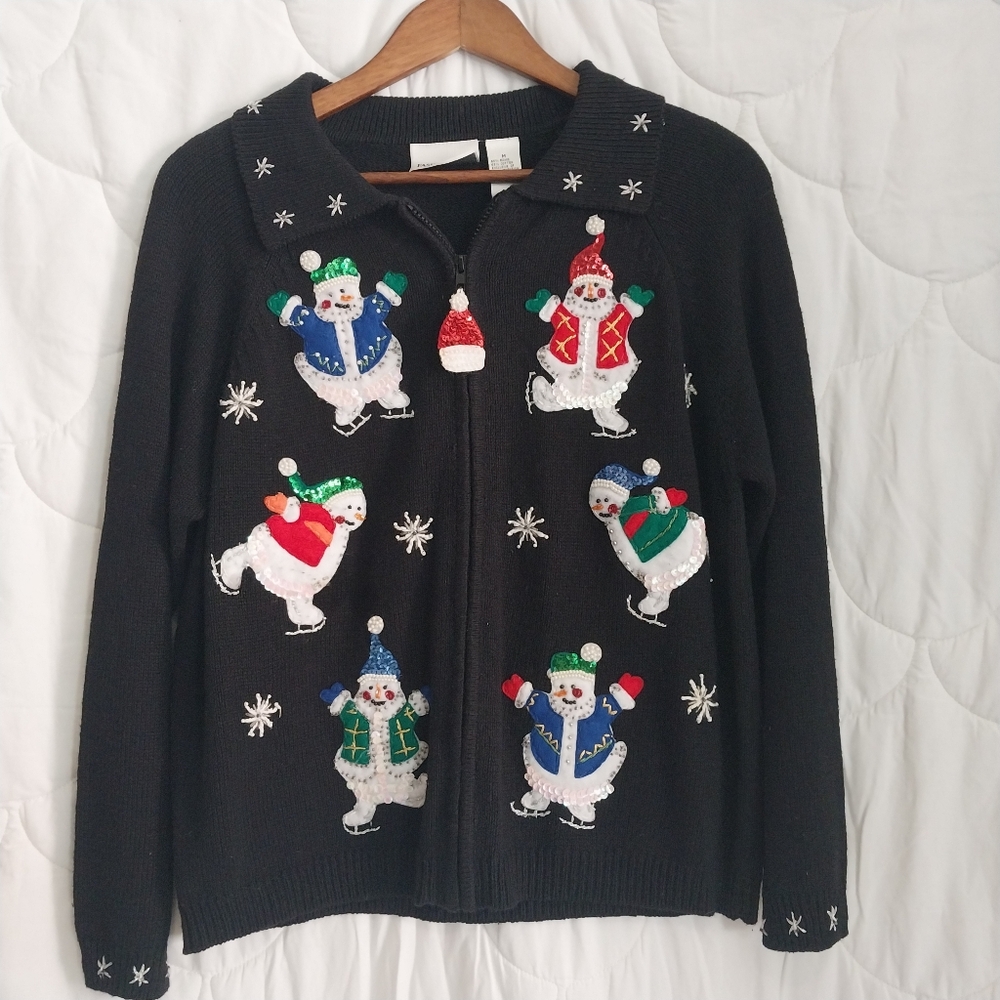 Vtg Fashion Bug Women's Medium Embellished Knit Snowman Black Christmas Sweater